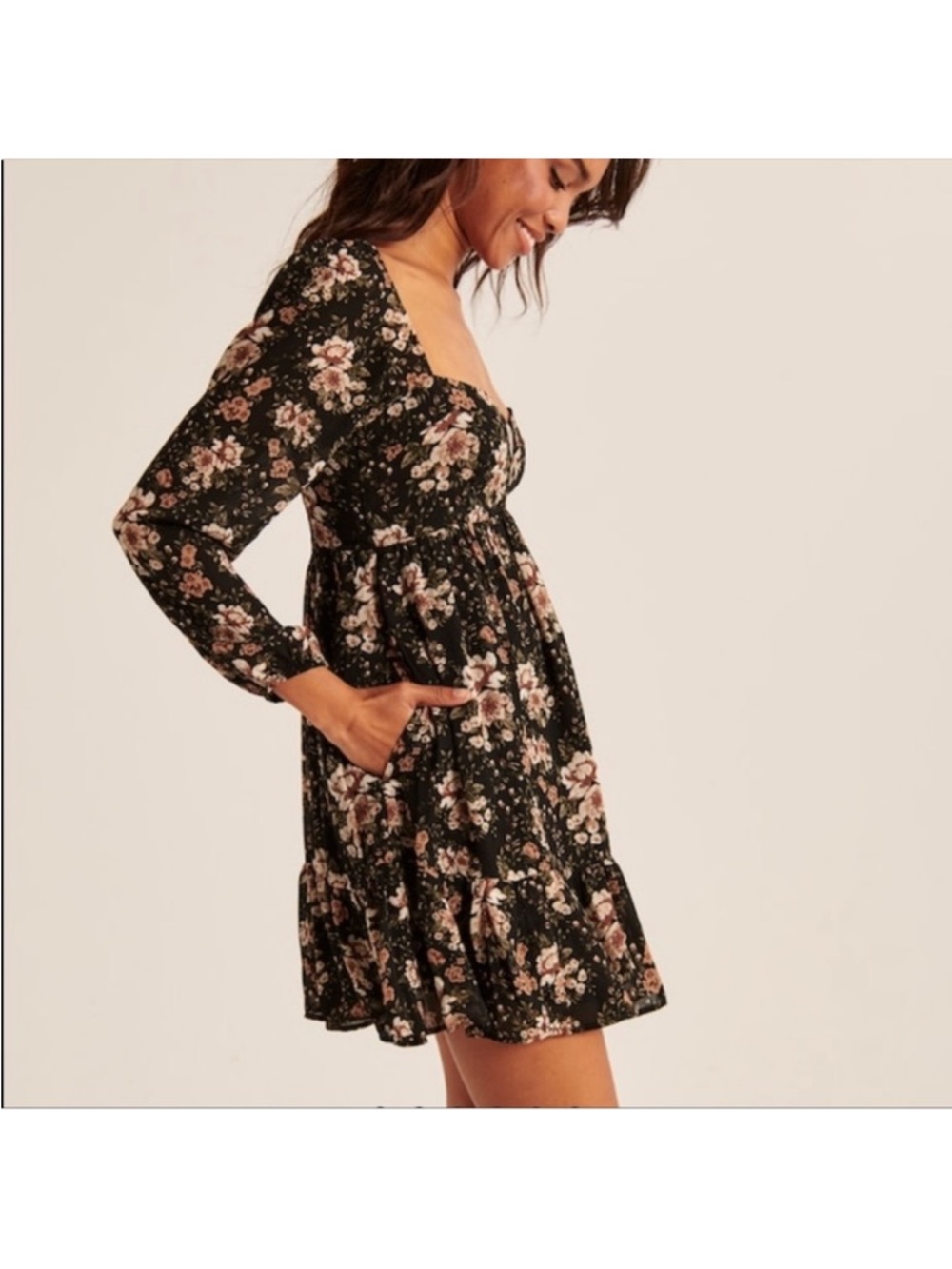Abercrombie & Fitch Black Floral Dress Babydoll Mini Size Medium Long Sleeve Y2K - Picture 3 of 13